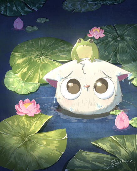 cat in a little lotus pond